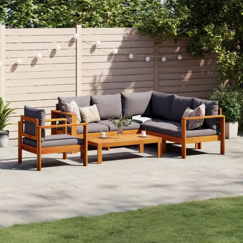 Loungetuinstel van massief acaciahout met wasbare hoes en olieafwerking - Donkergrijs / hoek + stoel + 2x Bank + Tafel