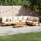 Loungetuinstel van massief acaciahout met wasbare hoes en olieafwerking - Crème / 3x Bank + hoek + Tafel - Tuinsets