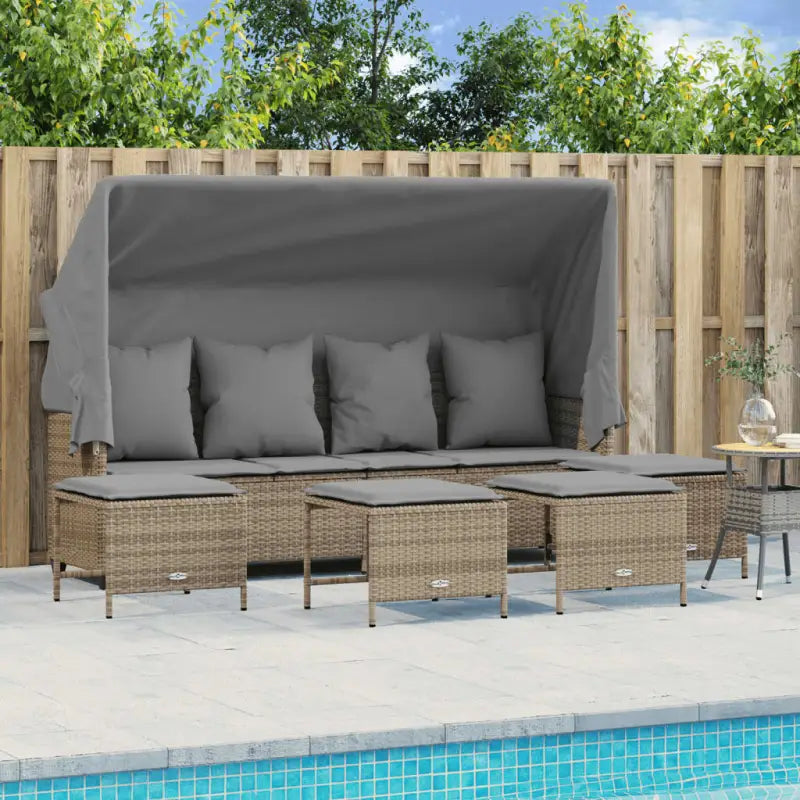 Loungezets in poly rattan met verstelbare posities en gepoedercoat staal - Beige en grijs / met luifel - Tuinsets