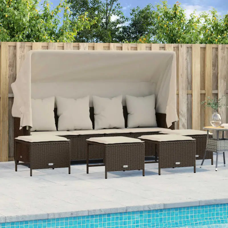 Loungezets in poly rattan met verstelbare posities en gepoedercoat staal - Bruin / met luifel - Tuinsets