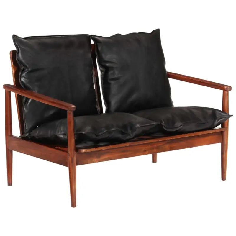 Luxe tweezitsbank met massief acaciahout en echt leer sfeer - Zwart en bruin - Banken