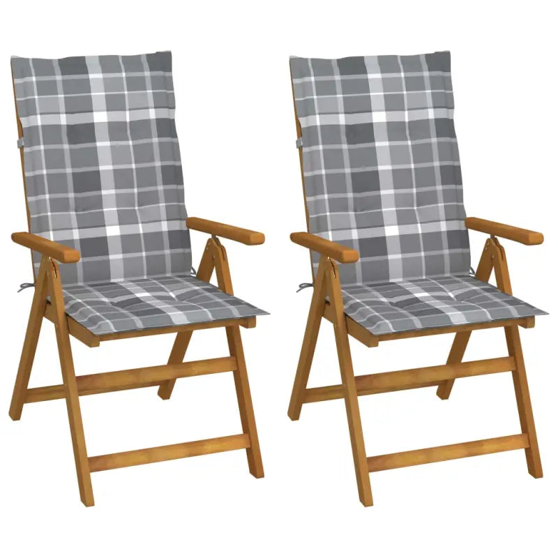 Massief acaciahout tuinstoelen met kussens en sets touwtjes levering bevat - Grijs ruitpatroon / 120 x 50 x 3 cm / 2
