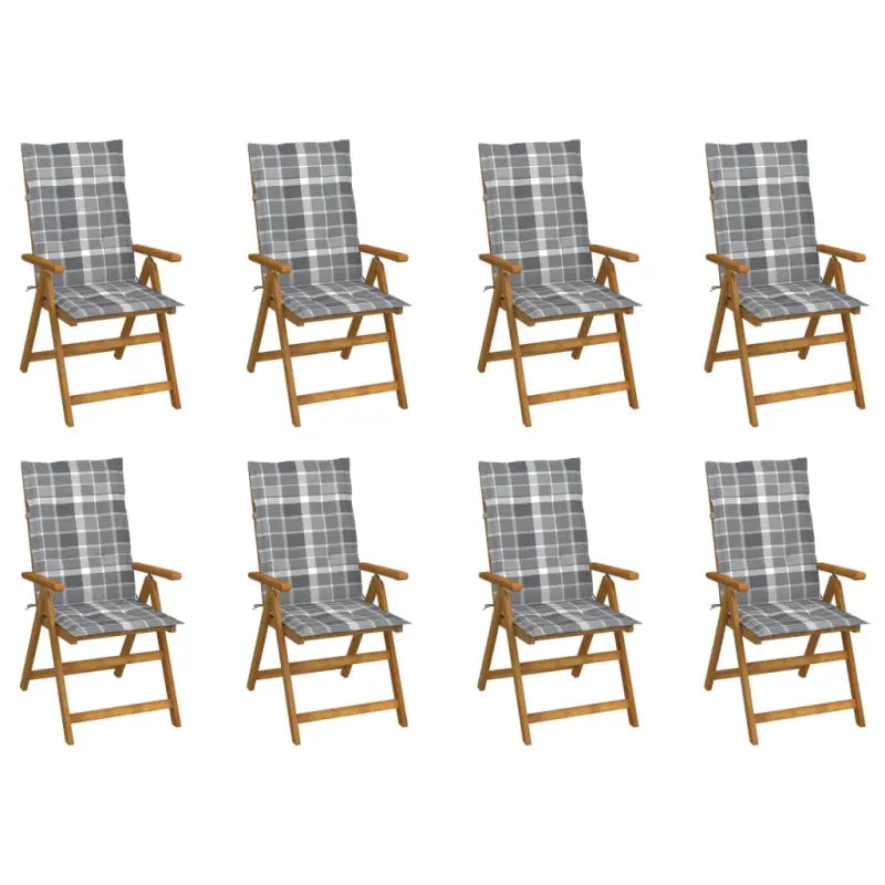 Massief acaciahout tuinstoelen met kussens en sets touwtjes levering bevat - Grijs ruitpatroon / 120 x 50 x 3 cm / 8