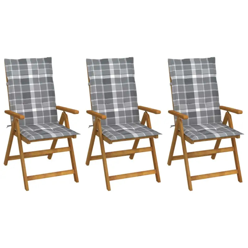 Massief acaciahout tuinstoelen met kussens en sets touwtjes levering bevat - Grijs ruitpatroon / 120 x 50 x 3 cm / 3