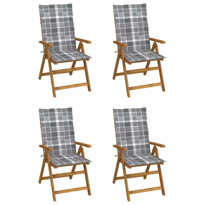 Massief acaciahout tuinstoelen met kussens en sets touwtjes levering bevat - Grijs ruitpatroon / 120 x 50 x 3 cm / 4