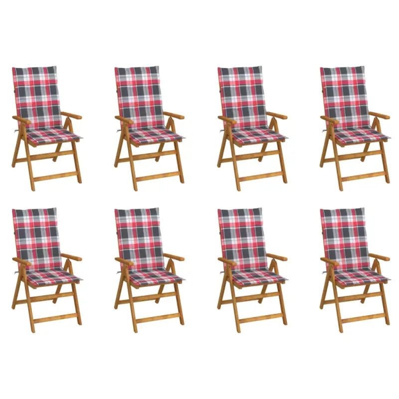 Massief acaciahout tuinstoelen met kussens en sets touwtjes levering bevat - Rood ruitpatroon / 120 x 50 x 3 cm / 8