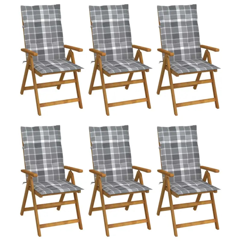 Massief acaciahout tuinstoelen met kussens en sets touwtjes levering bevat - Grijs ruitpatroon / 120 x 50 x 3 cm / 6