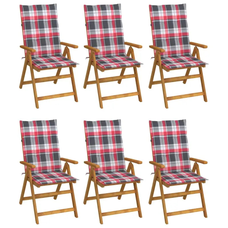 Massief acaciahout tuinstoelen met kussens en sets touwtjes levering bevat - Rood ruitpatroon / 120 x 50 x 3 cm / 6
