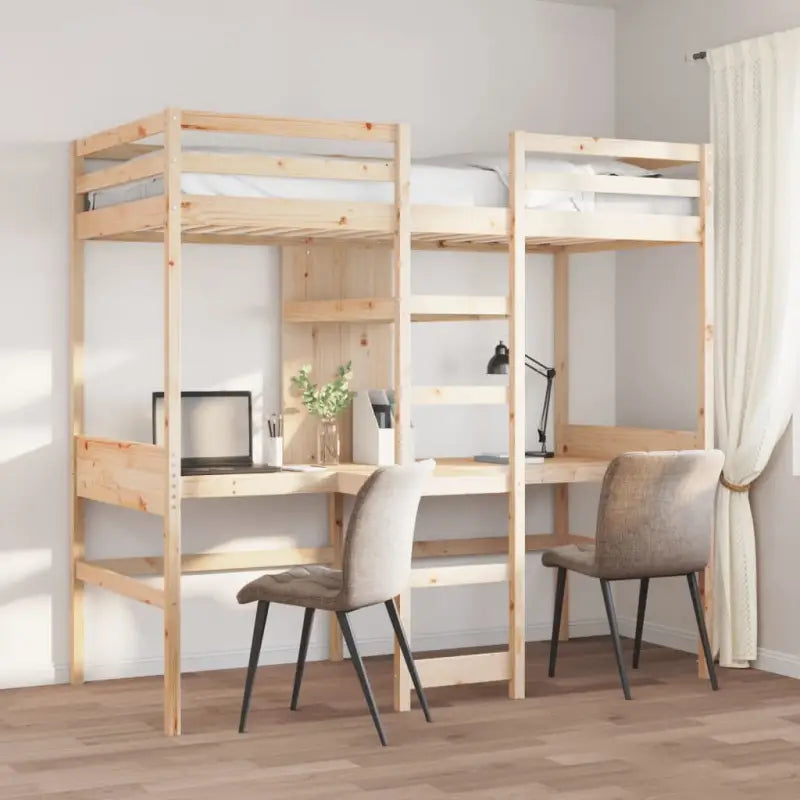 Massief Grenenhout Hoogslaper met Bureau Ideale Keuze voor Beperkte Ruimte - Naturel / 90 x 190cm cm - Bedden &