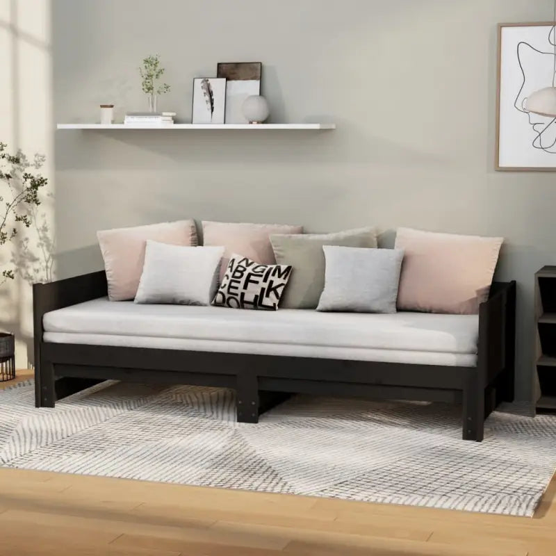 Massief grenenhout multifunctionele uitschuifbare slaapbank met totale afmetingen - Zwart / 90 x 190 cm - Bedden &