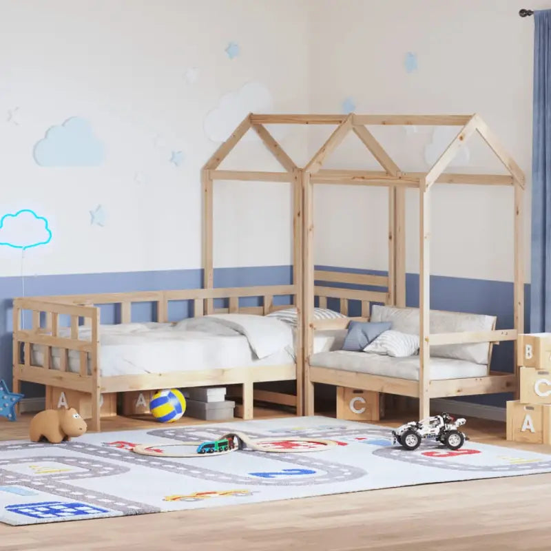 Massief Grenenhout Slaapbank met Huisje en Bankje in Witmateriaal - Naturel / 80 x 200 cm - Bedden & bedframes
