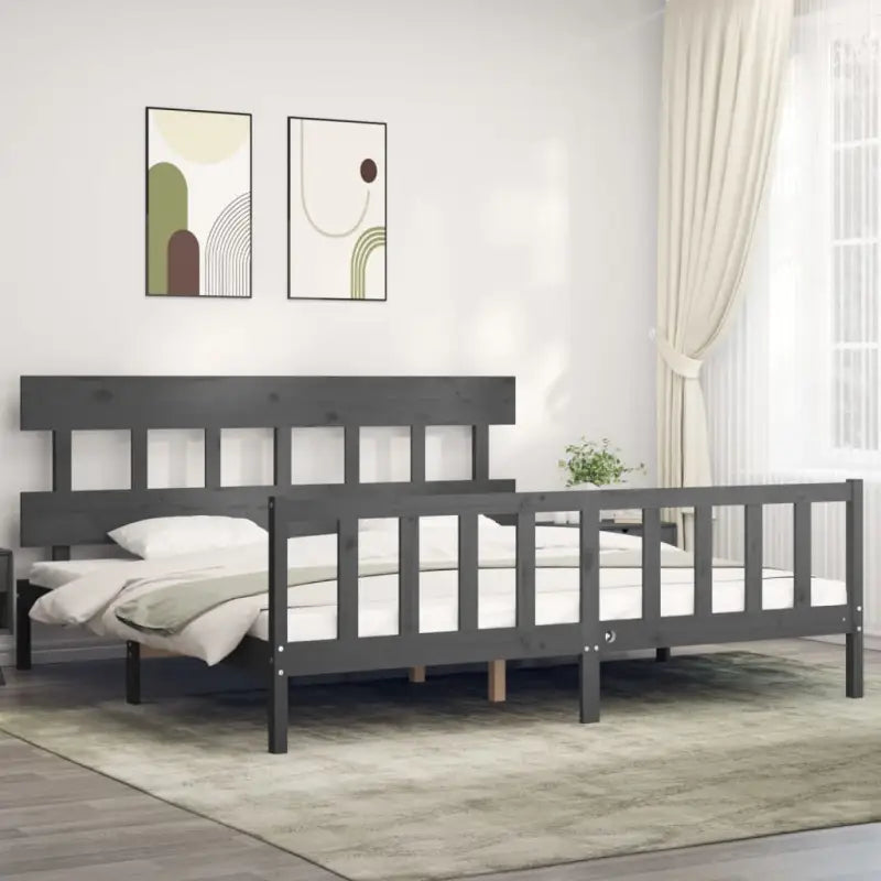 Massief Grenenhouten bedframe voor uitstekende ondersteuning en natuurlijk sfeer - Grijs / 180 x 200 cm / met hoofdbord
