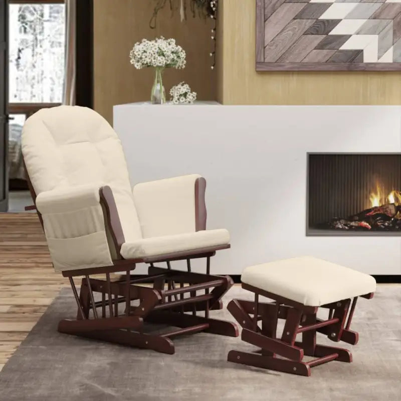 Massief Rubberwood Schommelstoel met Footrest voor Ontspanning en Voeden - Crème en bruin / 1 - Schommelstoelen