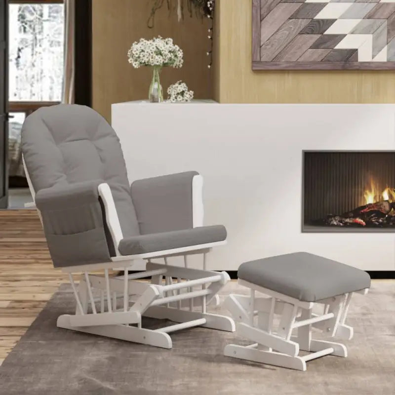 Massief Rubberwood Schommelstoel met Footrest voor Ontspanning en Voeden - Lichtgrijs en wit / 1 - Schommelstoelen