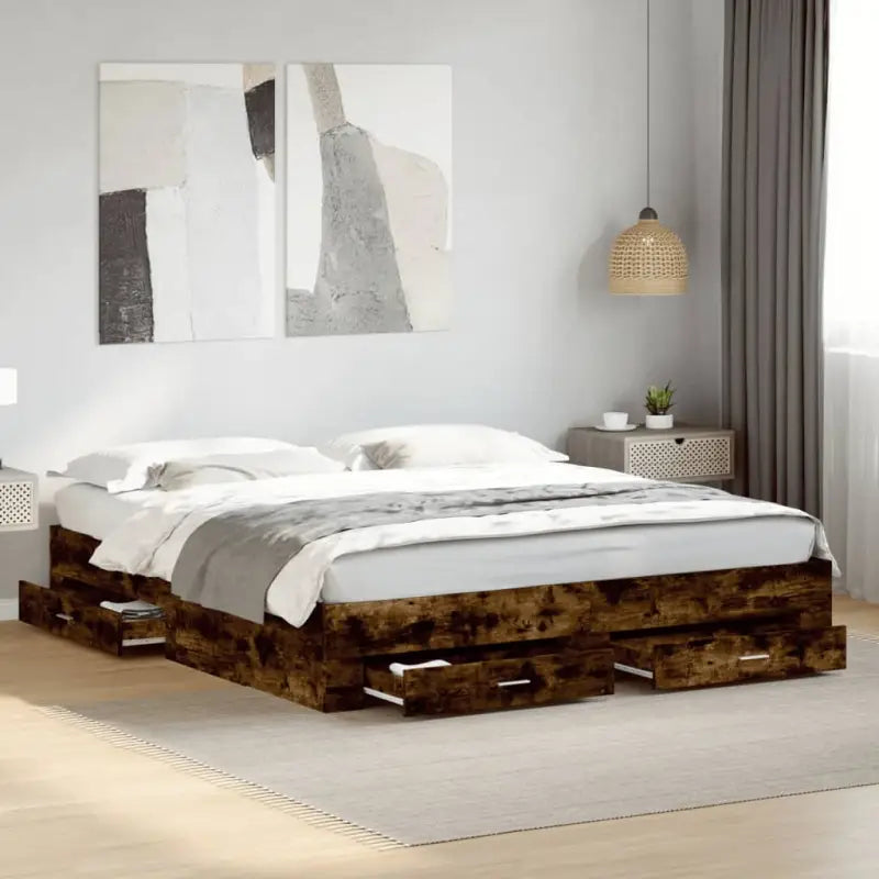 Modern bedframe met lades van bewerkt hout voor een eigentijdse slaapkamer - Gerookt eiken / 200 x 200 cm - Bedden &