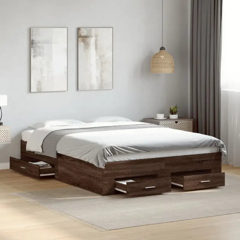 Modern bedframe met lades van bewerkt hout voor een eigentijdse slaapkamer - bruin eikenkleur / 120 x 190 cm - Bedden &