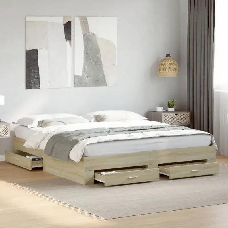 Modern bedframe met lades van bewerkt hout voor een eigentijdse slaapkamer - Sonoma eiken / 200 x 200 cm - Bedden &