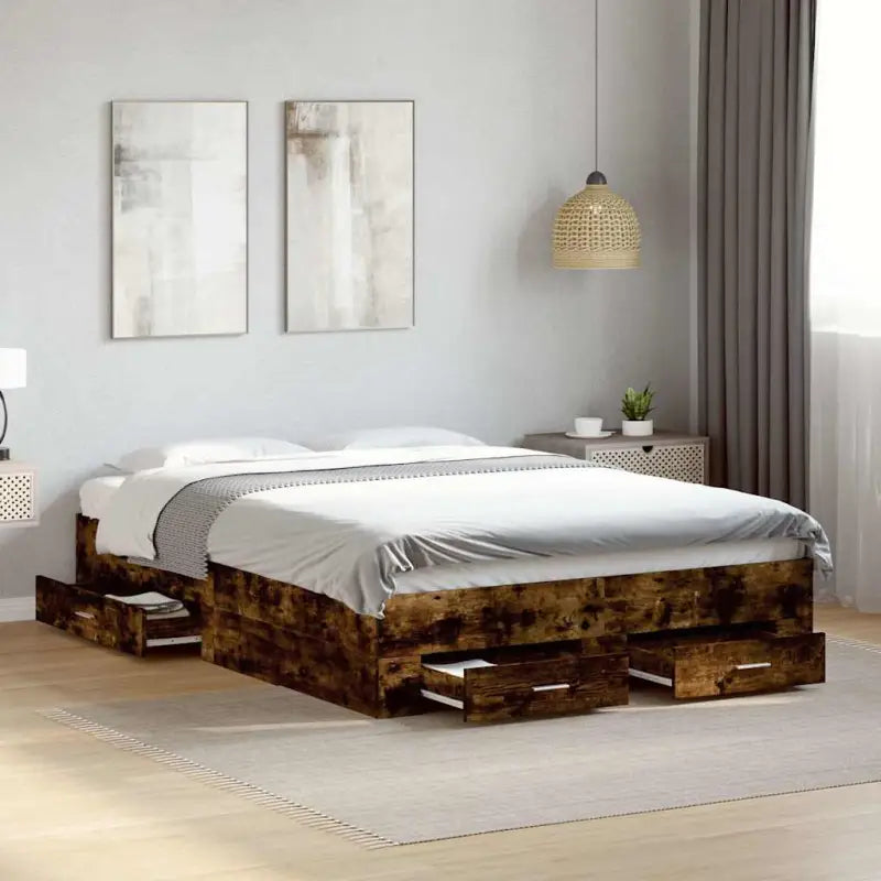 Modern bedframe met lades van bewerkt hout voor een eigentijdse slaapkamer - Gerookt eiken / 135 x 190 cm - Bedden &