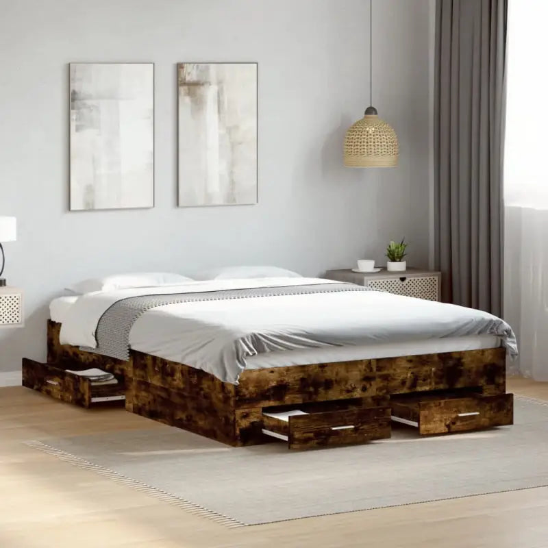 Modern bedframe met lades van bewerkt hout voor een eigentijdse slaapkamer - Gerookt eiken / 120 x 200 cm - Bedden &