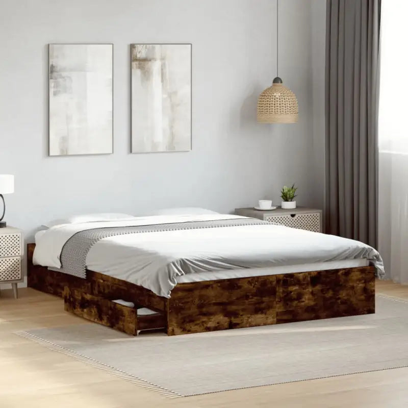 Modern bedframe met lades van bewerkt hout voor een stijlvolle slaapkamer - Gerookt eiken / 140 x 190 cm - Bedden &