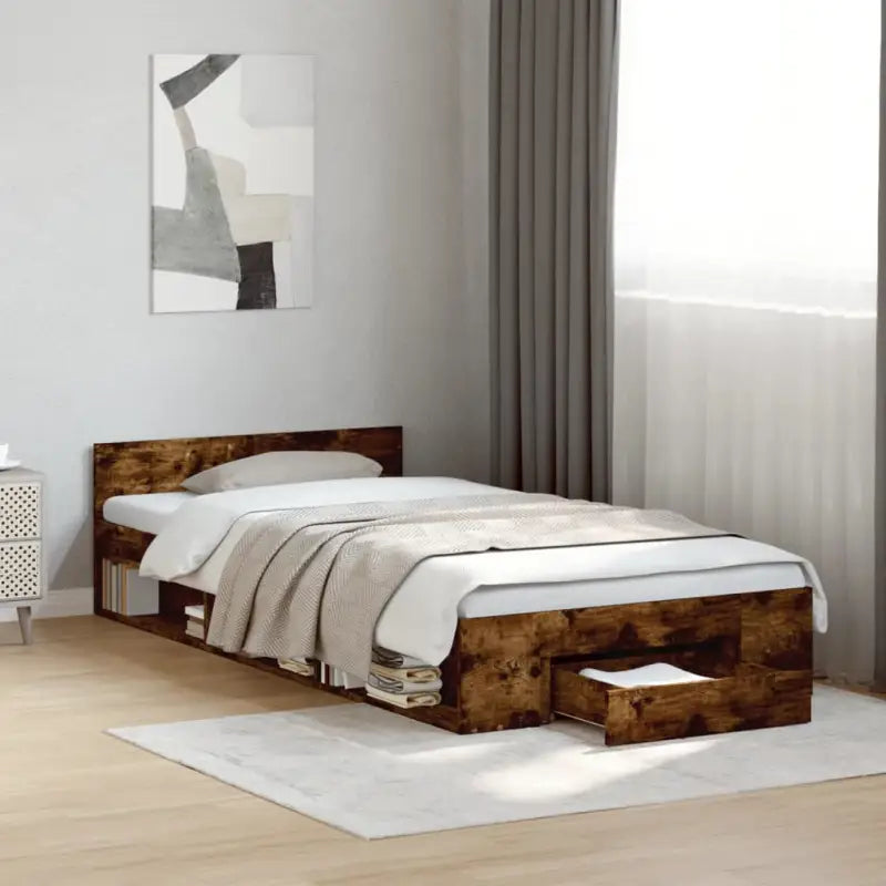 Modern bedframe met lades van bewerkt hout voor een stijlvolle slaapkamer - Gerookt eiken / 90 x 200 cm - Bedden &