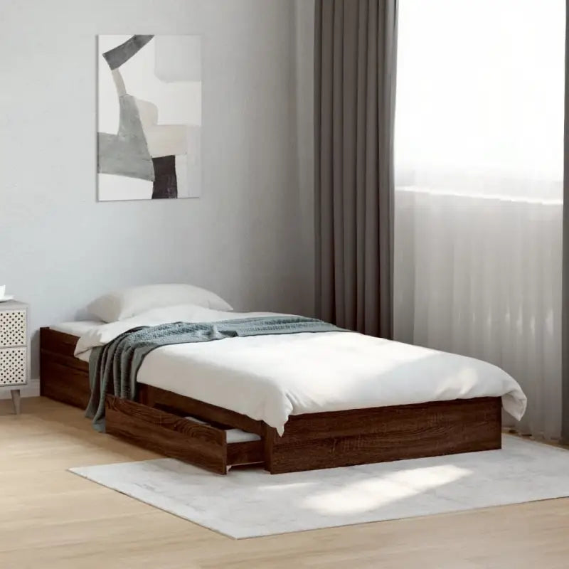 Modern bedframe met lades van bewerkt hout voor een stijlvolle slaapkamer - bruin eikenkleur / 90 x 190 cm - Bedden &