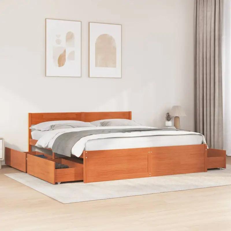 Modern bedframe met lades van massief grenenhout en multiplex lattenbodem - Wasbruin / 180 x 200 cm - Bedden & bedframes