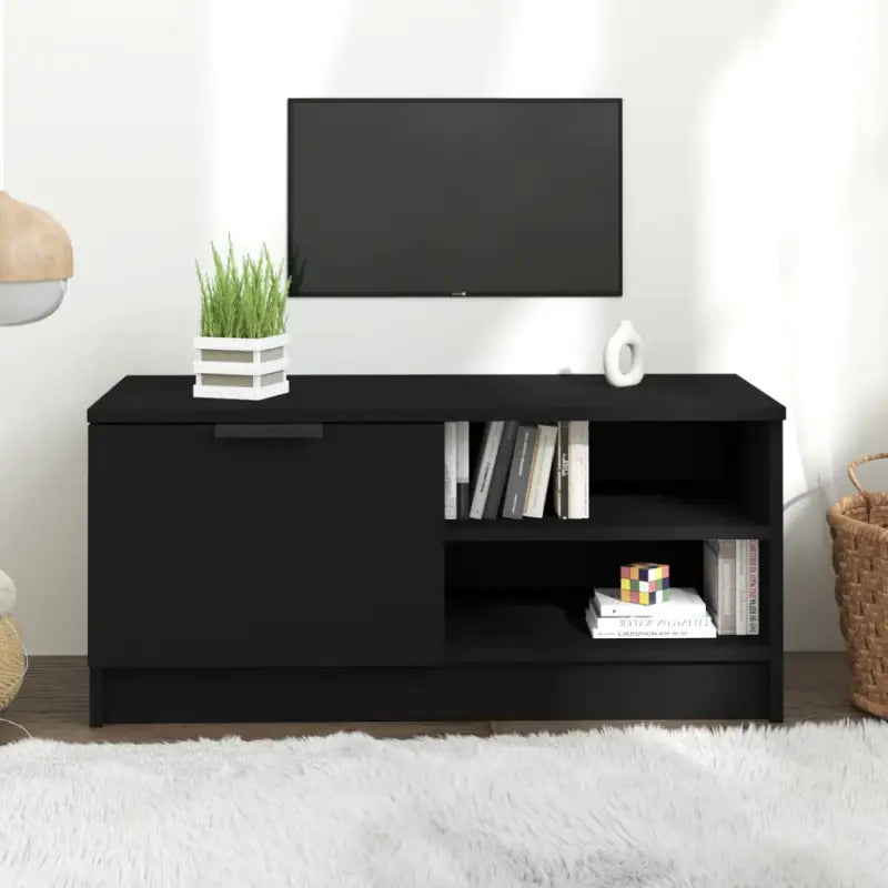 Modern Tv-meubel met stevig blad en bewerkt hout in Grijs Sonoma - Zwart / 1 - Tv-meubels