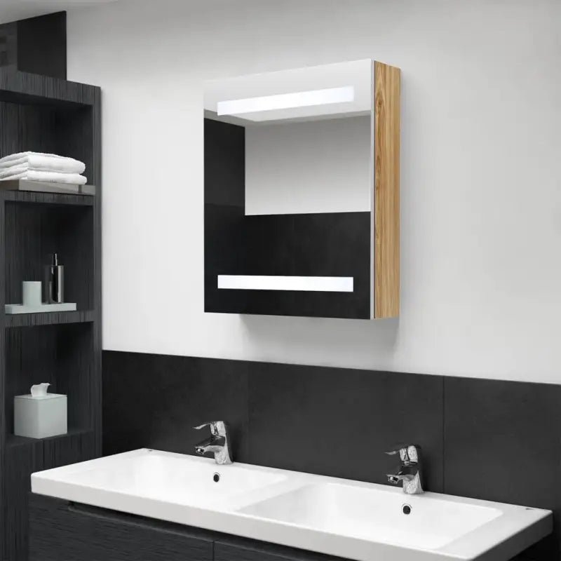 Moderne badkamerkaptafel met spiegel en LED verlichting - Wit en eiken / 1 - Badkamerkaptafels