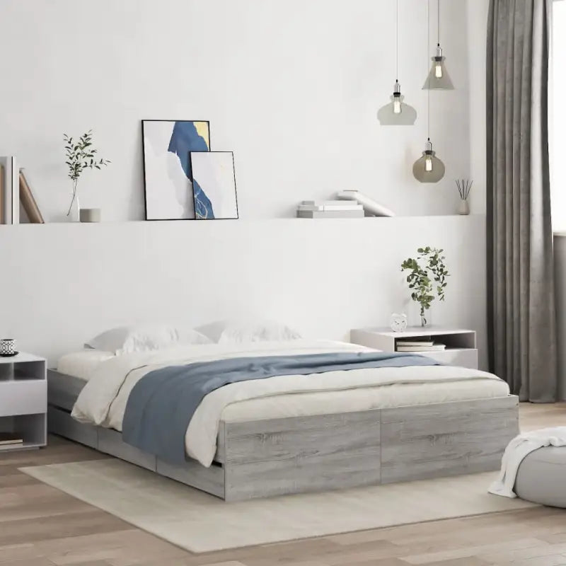 Moderne bedframe met lades van bewerkt hout voor een stijlvolle slaapkamer - Grijs sonoma / 150 x 200 cm - Bedden &