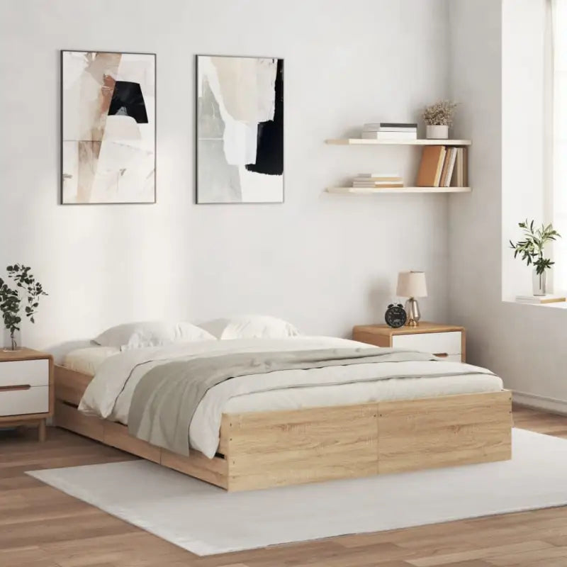 Moderne bedframe met lades van bewerkt hout voor een stijlvolle slaapkamer - Sonoma eiken / 150 x 200 cm - Bedden &