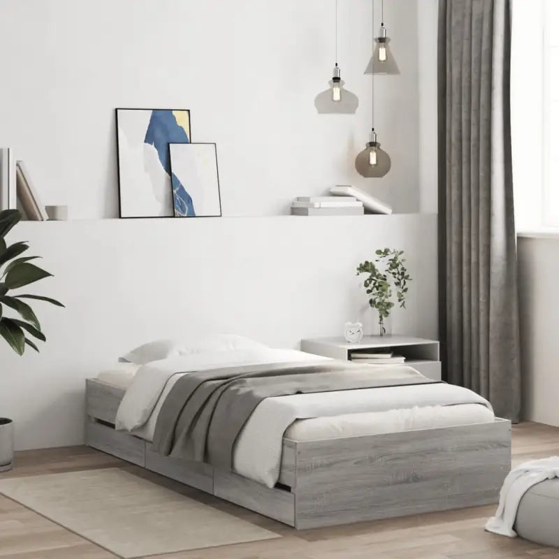 Moderne bedframe met lades van bewerkt hout voor een stijlvolle slaapkamer - Grijs sonoma / 90 x 200 cm - Bedden &