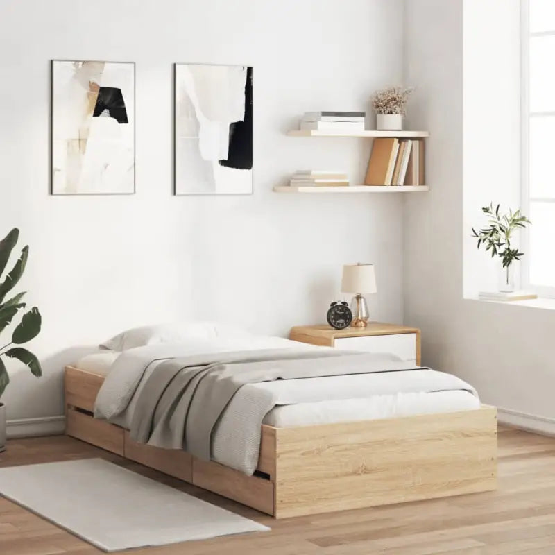 Moderne bedframe met lades van bewerkt hout voor een stijlvolle slaapkamer - Sonoma eiken / 90 x 200 cm - Bedden &