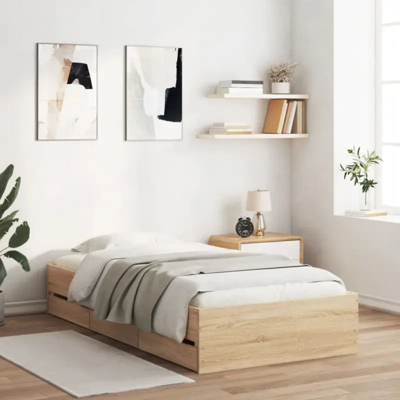 Moderne bedframe met lades van bewerkt hout voor een stijlvolle slaapkamer - Sonoma eiken / 90 x 190 cm - Bedden &