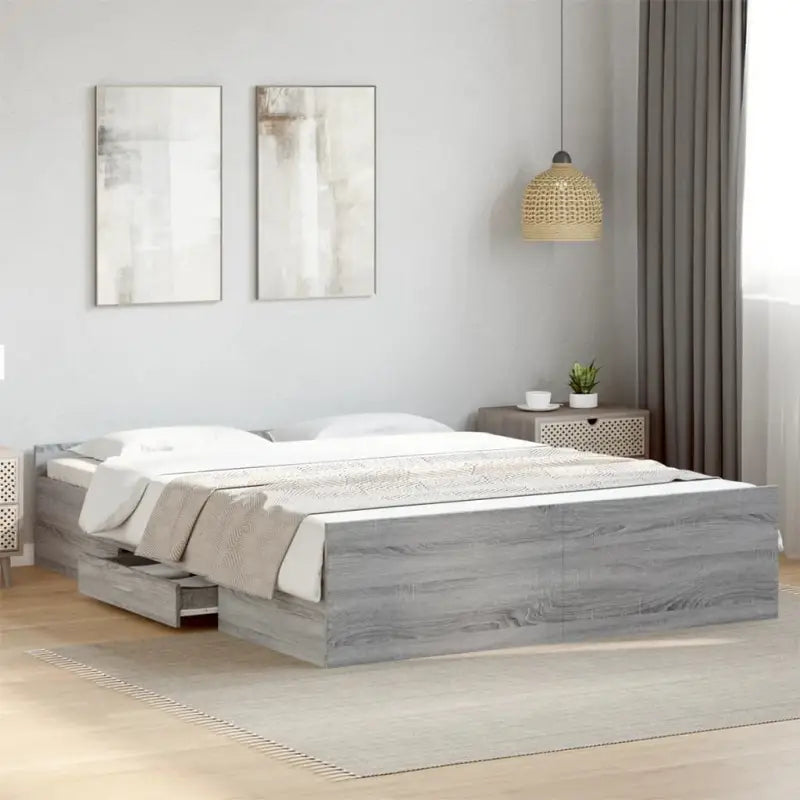 Moderne bedframe met lades van bewerkt hout voor een stijlvolle slaapkamer - Grijs sonoma / 160 x 200 cm - Bedden &