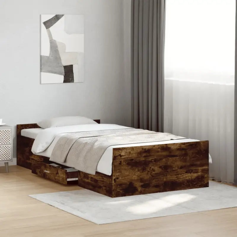 Moderne bedframe met lades van bewerkt hout voor een stijlvolle slaapkamer - Gerookt eiken / 100 x 200 cm - Bedden &