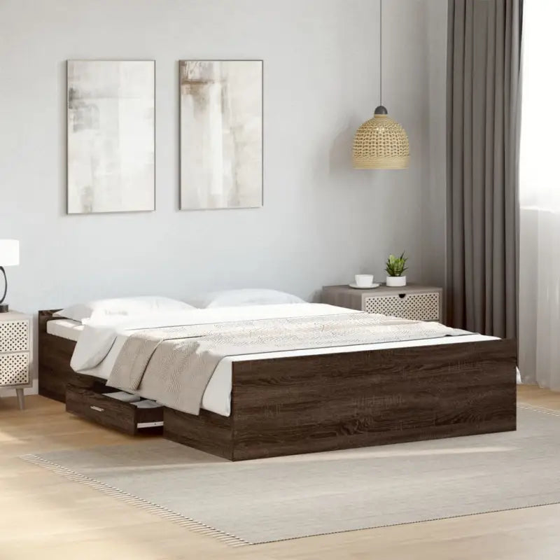 Moderne bedframe met lades van bewerkt hout voor een stijlvolle slaapkamer - bruin eikenkleur / 140 x 190 cm - Bedden &