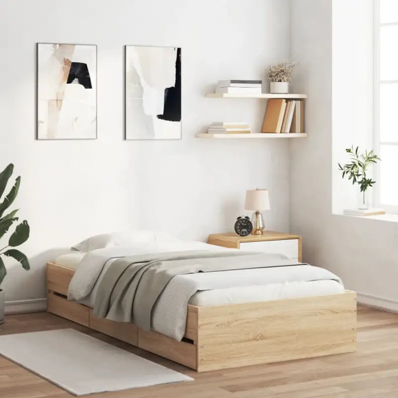 Moderne bedframe met lades van bewerkt hout voor een stijlvolle slaapkamer - Sonoma eiken / 100 x 200 cm - Bedden &