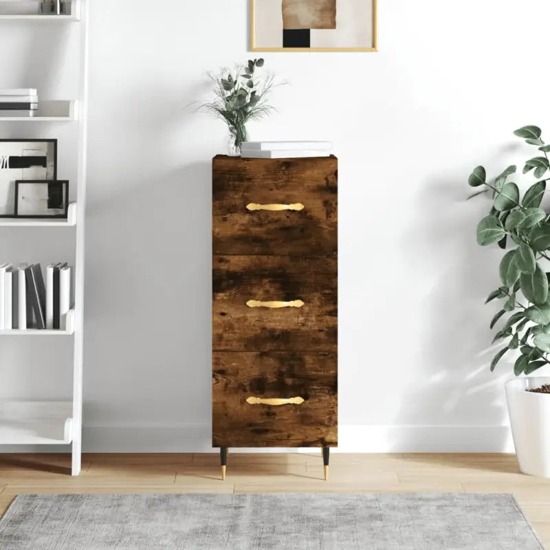 Moderne dressoir met bewerkt hout en metalen poten in gerookt eiken - Gerookt eiken / 1 - Dressoirs & buffetkasten