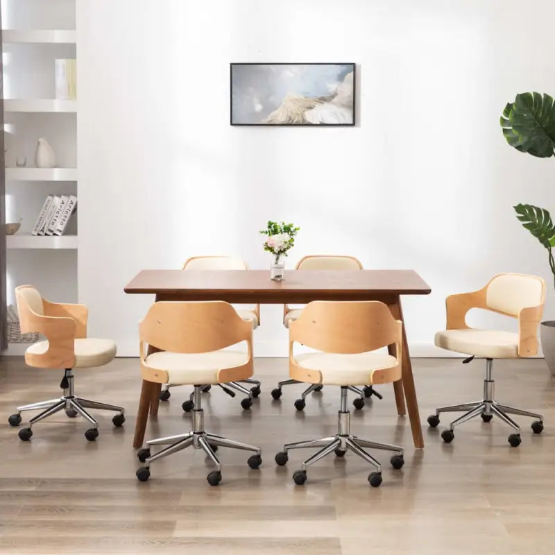 Moderne eetkamerstoelen met gebogen hout en kunstlederen bekleding - Crème / 6 - Eetkamerstoelen