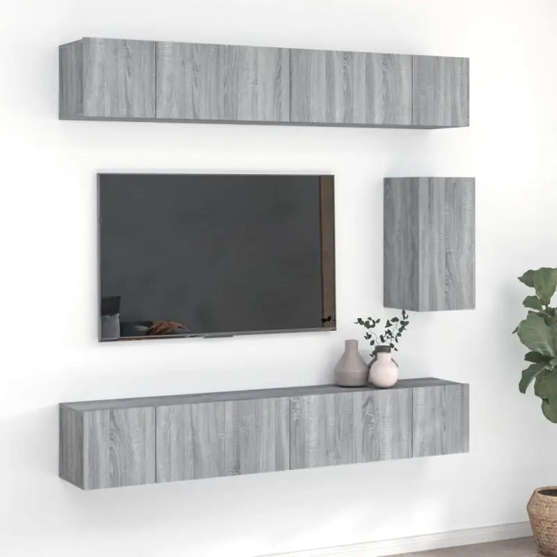 Moderne hangende tv-meubelset in bewerkt hout met opbergruimte - Grijs sonoma / 7 / 60 cm - Tv-meubels