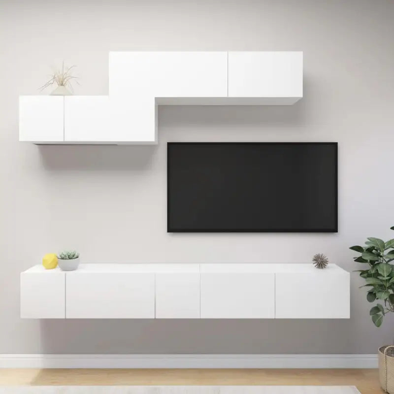 Moderne hangende tv-meubelset in bewerkt hout met opbergruimte - Wit / 6 / 100 cm - Tv-meubels