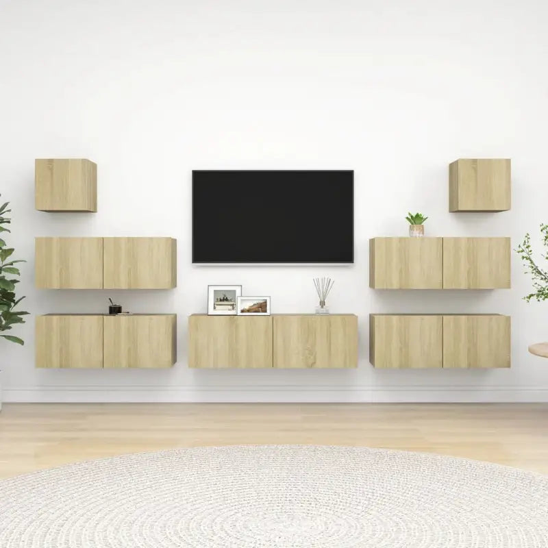 Moderne hangende tv-meubelset van bewerkt hout met opbergruimte - Sonoma eiken / 7 / 100 cm - Tv-meubels