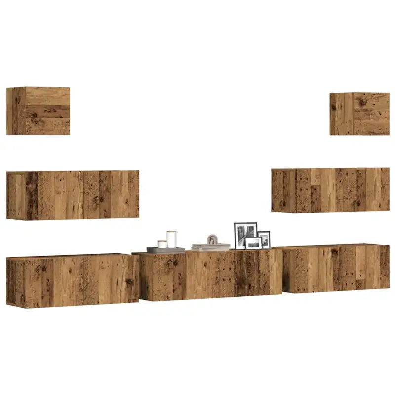 Moderne hangende tv-meubelset van bewerkt hout met opbergruimte - Oud hout / 7 / 100 cm - Tv-meubels