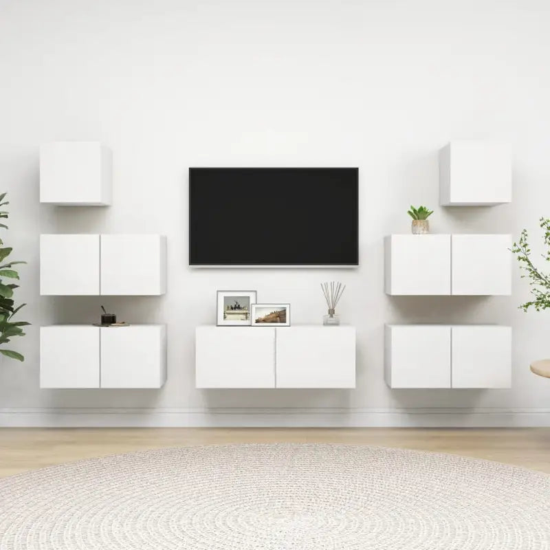 Moderne hangende tv-meubelset van bewerkt hout met opbergruimte - Wit / 7 / 80 cm - Tv-meubels