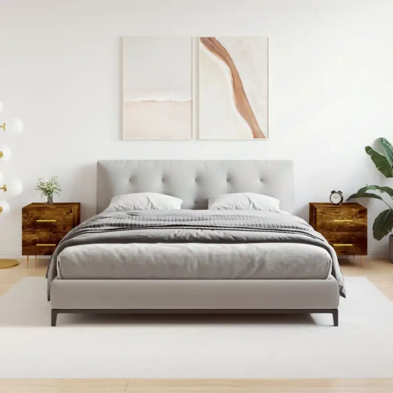 Moderne nachtkastjes van grijs sonoma eiken bewerkt hout - Gerookt eiken / 2 - Nachtkastjes