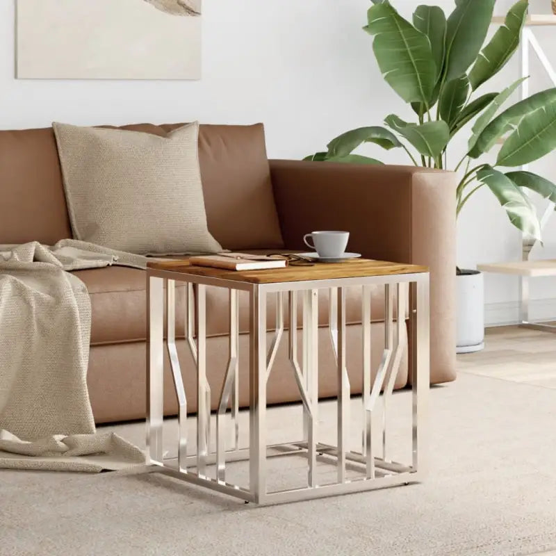 Moderne salontafel met gehard glas en roestvrij stalen frame - Zilverkleurig en lichtbruin / 1 / Hout - Salontafels