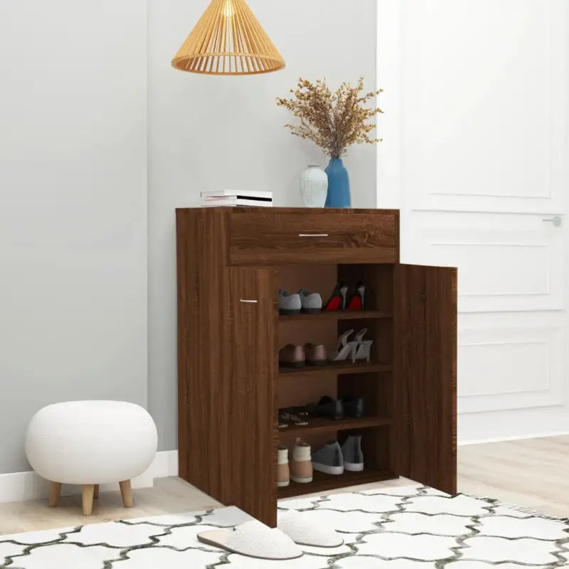 Moderne schoenenkast in bewerkt hout voor een nette entree - bruin eikenkleur / 1 - Schoenenrekken