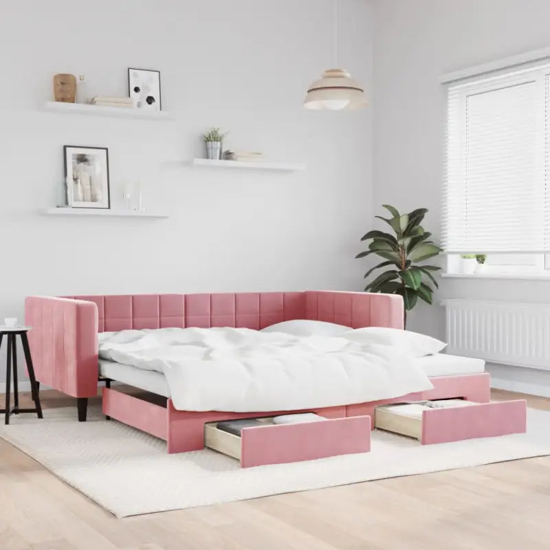 Moderne slaapbank met onderschuifbed voor praktische woon- en slaapkamer - Roze / 100 x 200 cm / met onderschuifbed
