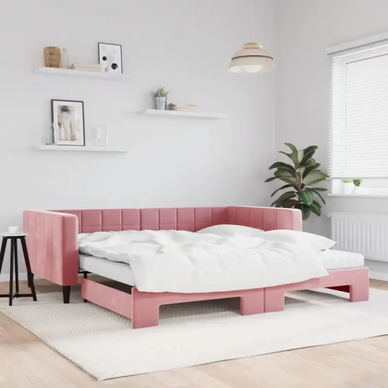 Moderne slaapbank met onderschuifbed voor praktische woon- en slaapkamer - Roze / 100 x 200 cm / met onderschuifbed